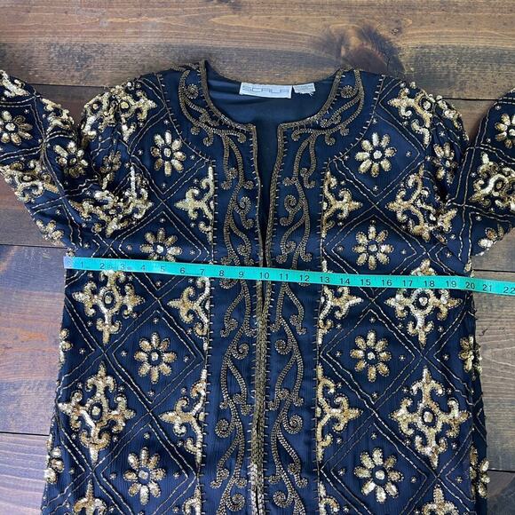 Vintage 80s Scala Jacket Women's Large Black Silk Gold Beaded Evening Party - Picture 8 of 10